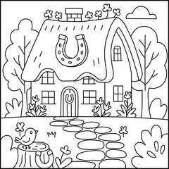 Charming Irish Cottage Coloring Page with Lucky Symbols