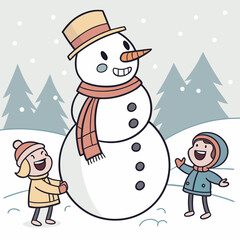 Children building a snowman in a snowy winter landscape with pine trees