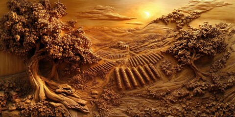 Intricate wood carving landscape relief with trees, terraced fields, and a glowing sun at golden hour