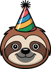 Obraz premium Cute sloth head vector wearing a festive party hat with colorful stripes on a solid black background