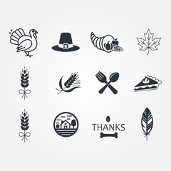 Happy Thanksgiving. Vector illustration of turkey, festive family dinner or lunch with friends at table with food, pumpkin, icons for greeting card, party invitation, background or poster