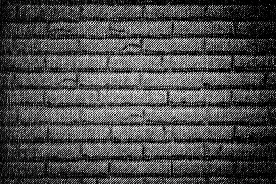 Extreme close-up halftone of a printed brick wall, diagonal dots forming an urban block pattern, black ink on a transparent background with subtle center vignette. - Powered by Adobe