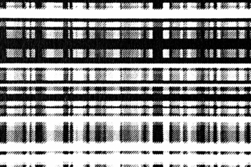 Macro halftone of dense narrow plaid bands and tiny checks, stacked horizontal fabric stripes in black ink on a transparent background.