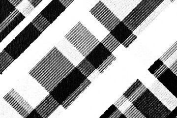 Macro halftone of bold diagonal plaid stripes and blocks, black ink rectangles and lines forming a graphic check pattern on a transparent background.