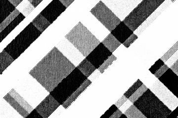 Macro halftone of bold diagonal plaid stripes and blocks, black ink rectangles and lines forming a graphic check pattern on a transparent background.