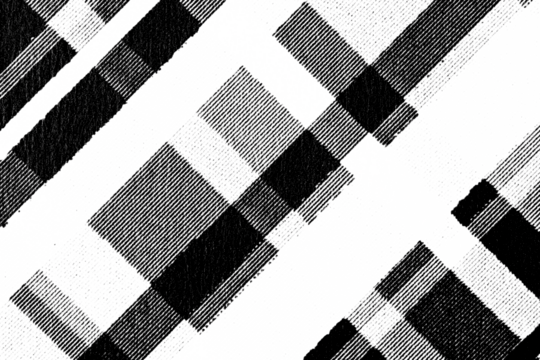 Macro halftone of bold diagonal plaid stripes and blocks, black ink rectangles and lines forming a graphic check pattern on a transparent background. - Powered by Adobe