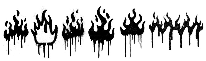 Set of grunge messy graffiti spray painted flames with drips and splatters