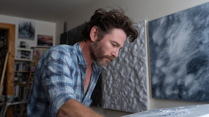 Contemporary painter using mixed media technique.