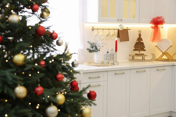 Stylish kitchen with Christmas decor. Interior design