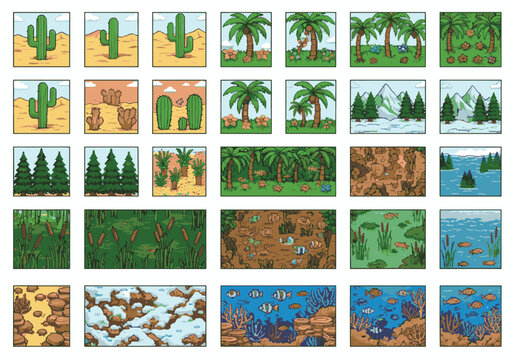 Colorful pixel art environment tileset for 2D games, featuring deserts, forests, and underwater scenes