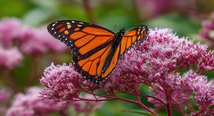 Obraz premium Vibrant Monarch Butterfly Resting on Pink Joe Pye Weed in a Colorful Minnesota Garden