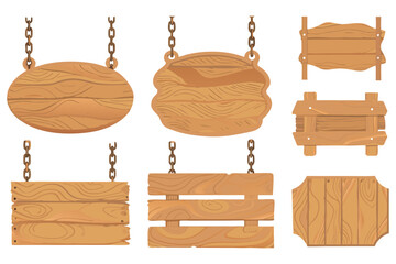 A collection of rustic wooden hanging signboards in various shapes, isolated on a white background, cartoon-style illustration.