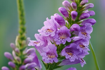 Close-Up of Stunning Purple Wildflower (Physostegia Virginiana) in Sunlit North American Prairie with Lush Green Background