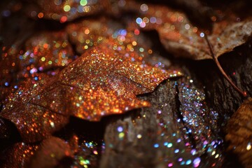 Photo-realistic Texture of Colorful Glitte in Autumn Wood and Leaf Abstract Macro Closeup