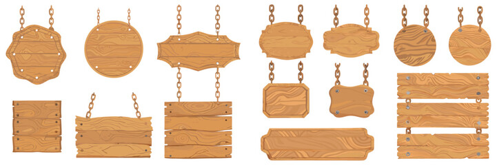 Mixed set of wooden signboards with carved edges, detailed grain, cartoon vector art.