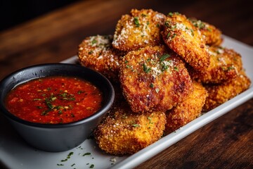 Crispy Fried Toasted Ravioli Served with Rich Marinara Sauce and Fresh Tomatoes