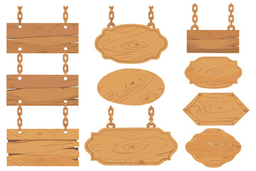 Multiple wooden signboards arranged in a grid, various shapes, rustic look, vector drawing.