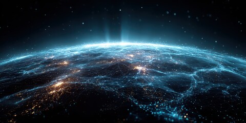 Global digital network with illuminated data lines connecting cities across a futuristic earth