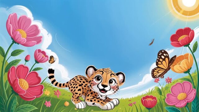 Playful cartoon cheetah chasing butterfly in colorful flower field