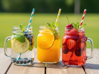 Refreshing fruit infused water and juice in mason jars with straws on a wooden table outdoors with a blurred green background