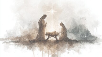 Nativity scene celebrating birth of jesus christ under a shining in christmas art watercolor star