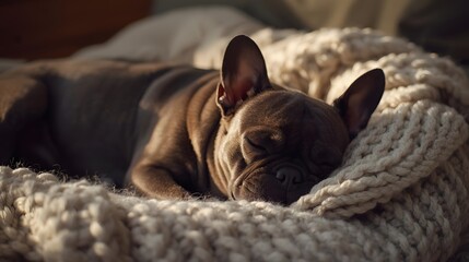 A peaceful French Bulldog resting on a thick knitted blanket in warm, soft lighting, capturing a calm and comforting moment of relaxation at home.