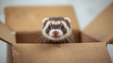 A cute ferret peeking out of a cardboard box with an alert and playful expression, captured in soft natural light. Perfect for themes of pets, curiosity, and adorable moments.