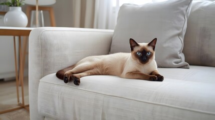 A calm Siamese cat with striking blue eyes lounging on a bright, modern sofa in a cozy living room, capturing a peaceful and elegant domestic moment.
