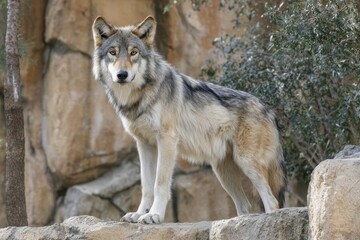 Fototapeta premium Mexican Gray Wolf Prowling on Rocky Ledge Amidst Lush Greenery