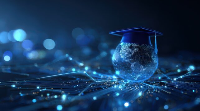 Global digital education concept with glowing earth wearing graduation cap on circuit background - Powered by Adobe