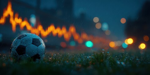 Wet soccer ball on grass field with blurred city lights and glowing data chart line at dusk