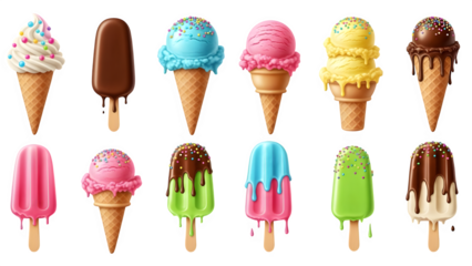 Collection of colorful ice cream cones and popsicles in various flavors and styles isolated on transparent background