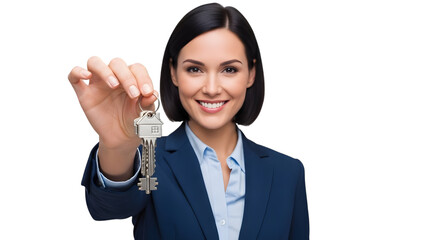 Smiling real estate agent showing new home keys for purchase.
