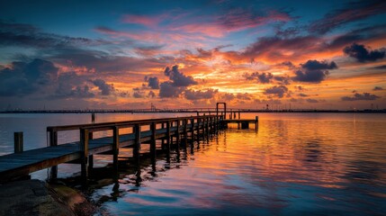 Serene Sunrise Over Galveston Bay: Wooden Docks Stretching into the Texas Coastline