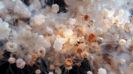 Close view of mycelium growth showing clusters and strands in a dark setting
