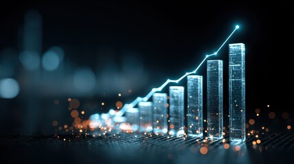 Digital glowing bar chart showing business growth and financial data analysis with an ascending line.