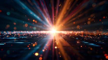 Fototapeta premium Colorful laser rays burst, explosion flare in space. Dynamic, high speed light trails in a variety of colors against a dark background. Energy light steaks, burst of light with motion blur effects. 