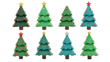Collection of colorful cartoon christmas trees with stars in various shades isolated on transparent background
