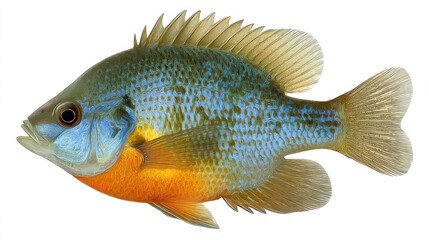 Isolated Bluegill Sunfish: Lepomis Macrochirus Displaying Distinctive Fins, Perfect for Angling and Fishing Enthusiasts