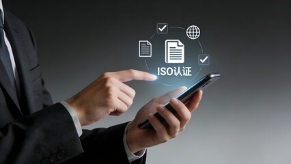 Businessman using smartphone with ISO certification icons