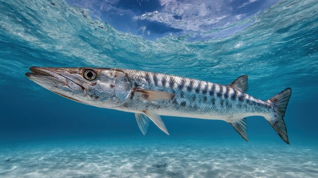Baracuda in the Open Sea: Fast Swimming Fish Captured in a Vibrant Mexican Underwater Seascape