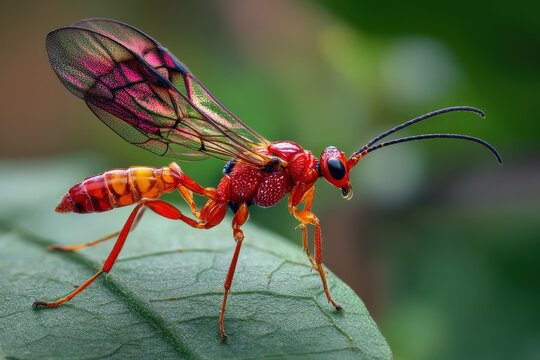 Colorful Braconid Wasp from Agathidinae Suborder Nestled Among Tree Foliage: A Macro Perspective on Nature's Parasitic Insects