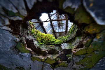 Decayed Structure: Cracked and Corroded Old Skylight with Algae on a Weathered Building