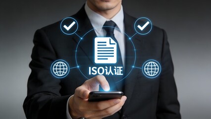 Businessman interacting with ISO certification graphic