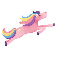 Vector illustration of a cartoon horse. The mammal gallops with its eyes closed. The pony has a colorful mane in a childish style.