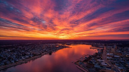 Stunning Aerial View of Sunset Over Ocean in Perth Amboy, New Jersey