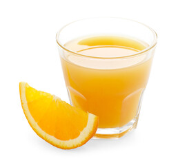 Glass of fresh orange juice and fruit slice isolated on white