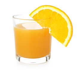 Glass of fresh orange juice with fruit slice isolated on white