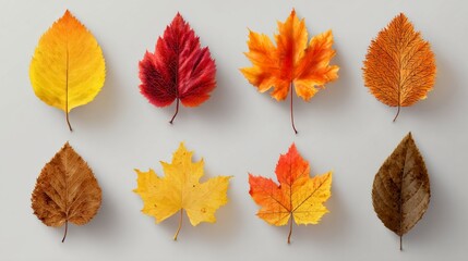 Vibrant collection of autumn leaves showcase a beautiful array of colors in a studio setting, perfect for seasonal designs.