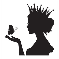 A crowned woman with a butterfly a striking black silhouette